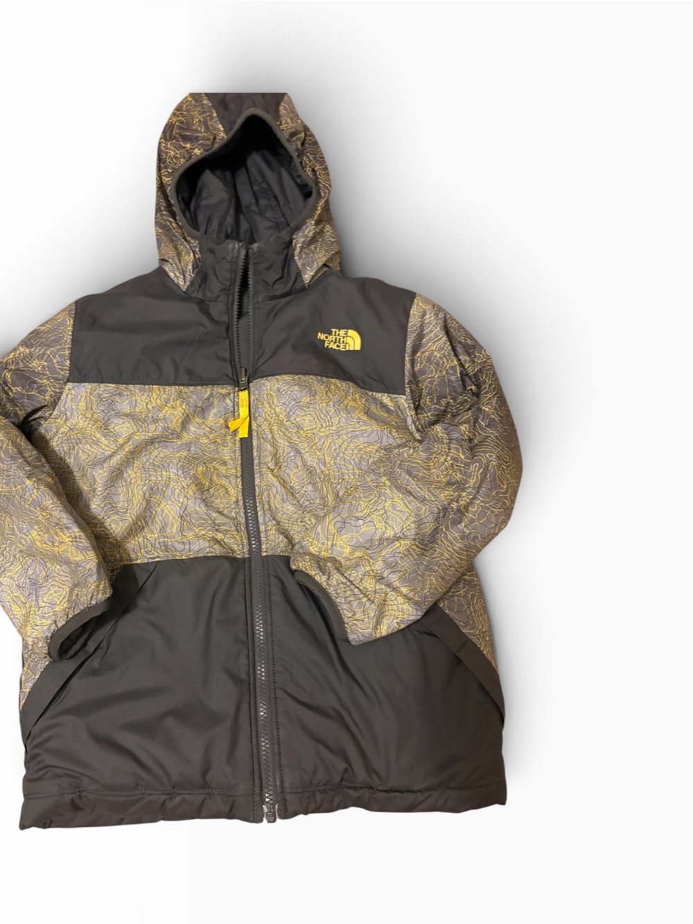 The North Face Kids Hooded Puffer Jacket in Black and Yellow Print